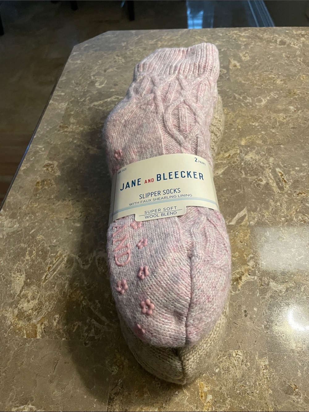 Jane and Bleecker Light Pink & Tan Cable-Knit Slipper Socks with Grip Dots (2pk)